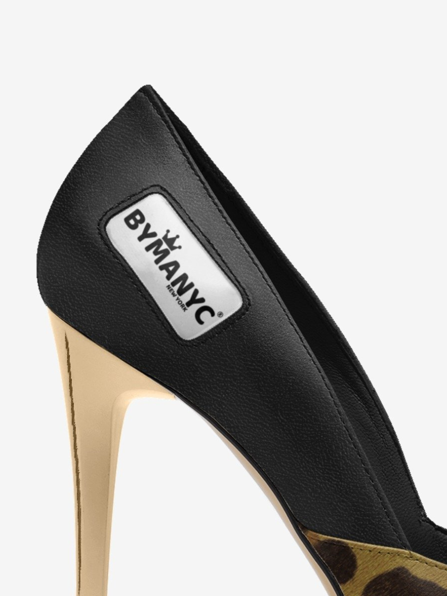 Black high-heeled shoe with 'BY MANY' logo on a white background
