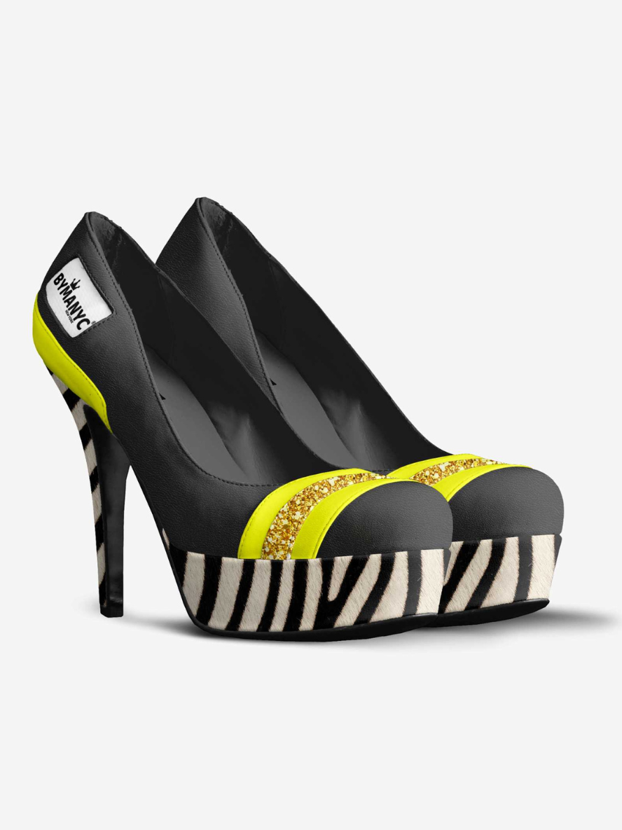 Black high-heeled shoes with zebra pattern and yellow accents on a white background