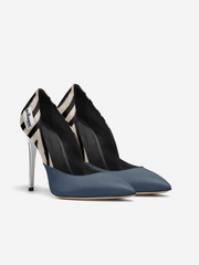 Pair of high-heeled shoes with black and blue design on a white background