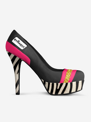 High-heeled shoe with zebra pattern and pink accents on a white background