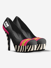 Black high-heeled shoes with zebra pattern and pink accents on a white background