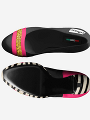 Black flip-flops with colorful straps on a white background