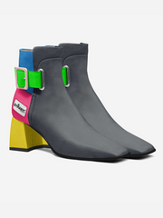 Gray ankle boots with colorful accents on a white background