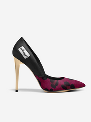 High-heeled shoe with black and red pattern on a white background