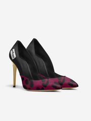 Black high-heeled shoes with pink leopard print pattern on a white background