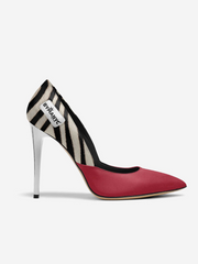 High-heeled shoe with zebra pattern and red sole on a white background