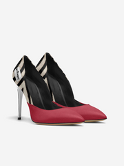 Black and red high-heeled shoes with a geometric pattern on a white background