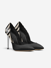 Black high-heeled shoes with white geometric patterns on a white background