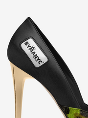 Black high-heeled shoe with 'BY MANYC' label on a white background