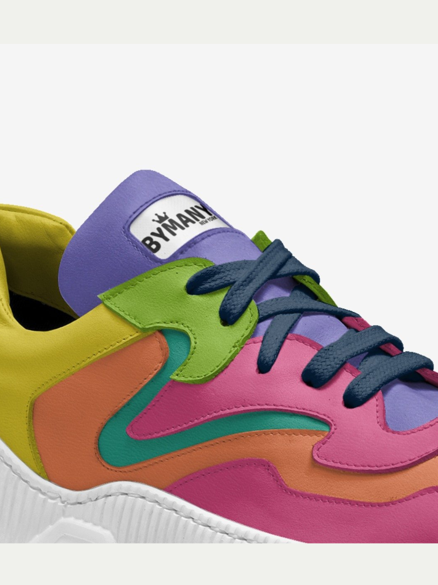 Colorful sneaker with a visible brand logo on a white background