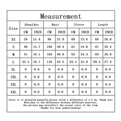 Measurement chart for clothing sizes with shoulder, bust, sleeve, and length dimensions in centimeters and inches.