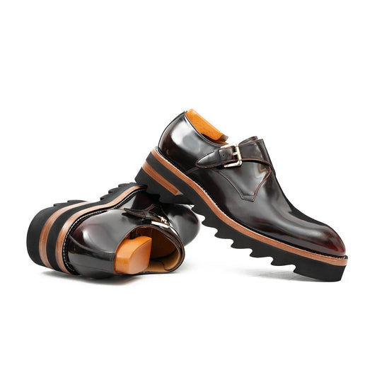 Wine Red Leather Monk Strap Shoes with Chunky Soles