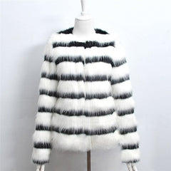 Winter Black & White Striped Faux Fur Coat
