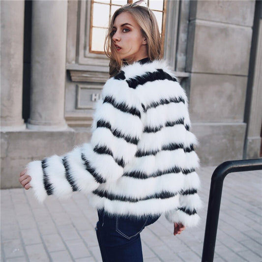 Winter Black & White Striped Faux Fur Coat