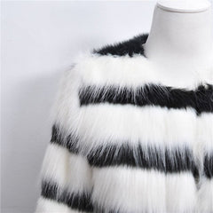 Winter Black & White Striped Faux Fur Coat