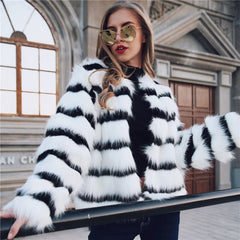 Winter Black & White Striped Faux Fur Coat