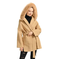 Woolen Coat with Fur Hood | Elegant Long-Sleeve Design