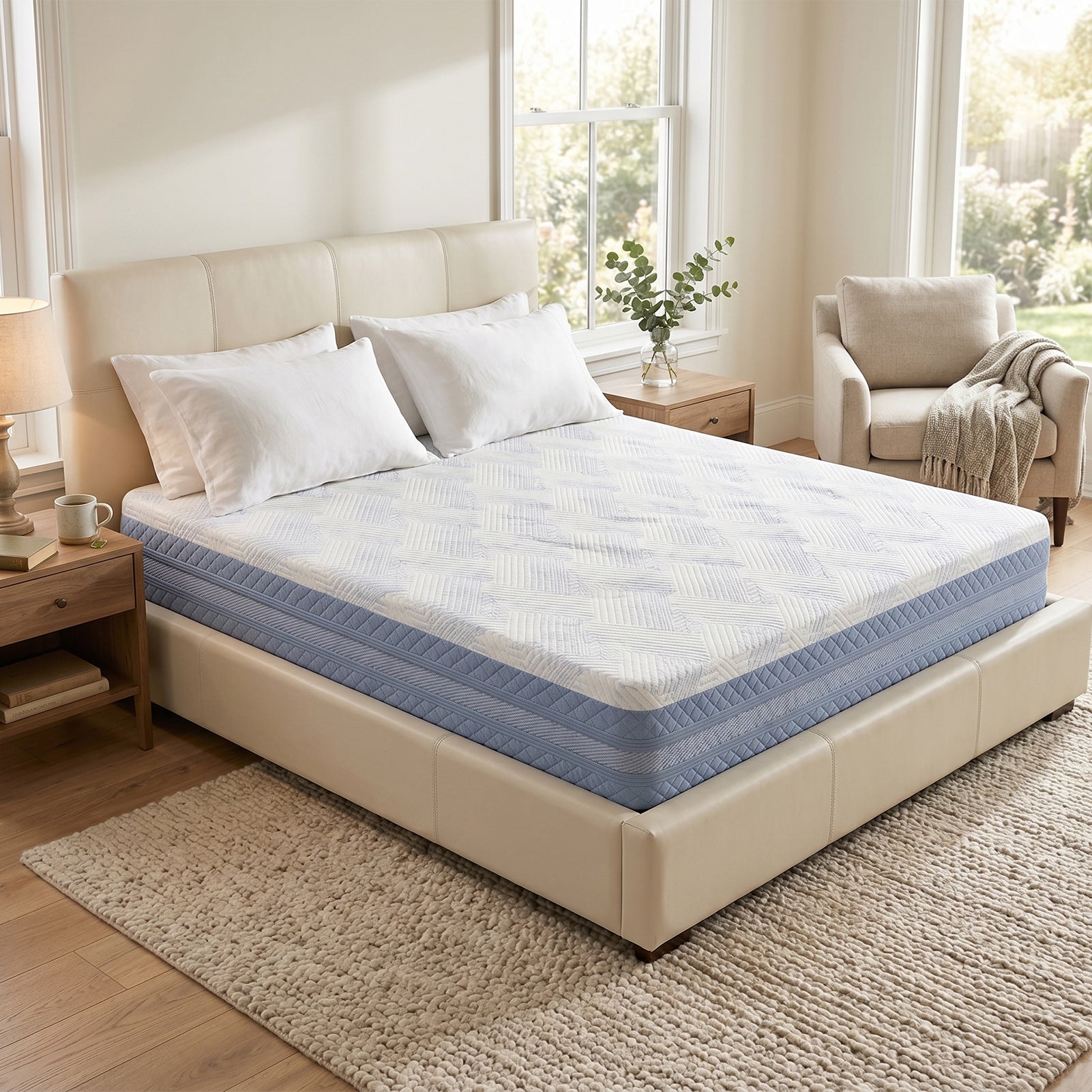 A bed with a white quilted mattress topper and a blue striped mattress base, styled in a bright, modern bedroom with a cream leather bed frame, wooden nightstands, and a beige armchair.