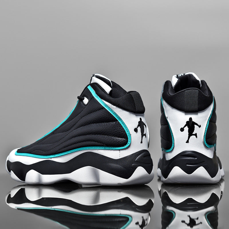 Black, white, and teal high-top sneakers with a reflective surface on a gray background