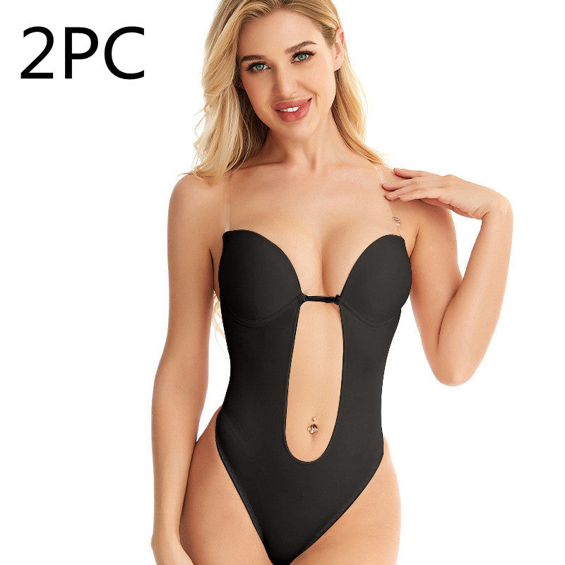 Woman wearing a black 2-piece swimsuit on a white background