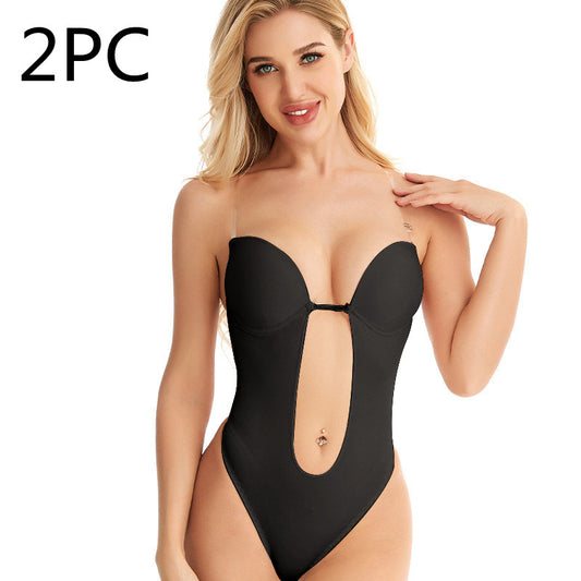 Woman wearing a black 2-piece swimsuit on a white background