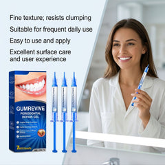 Promotional graphic for Gumrevive Periodontal Repair Gel showing the product box, three blue applicator tubes, and a smiling woman in a white lab coat holding one applicator near a bathroom mirror. Text on the left highlights key benefits.