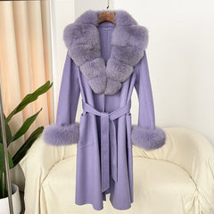 Lavender coat with fur trim on a white chair