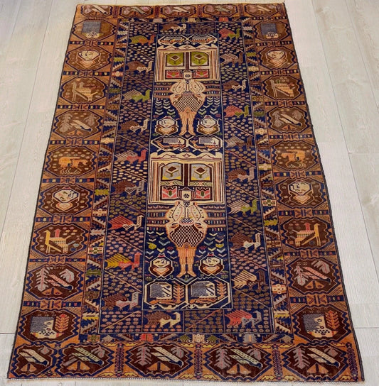 Afghani Vintage Pictorial Rug I Tribal Baluchi 4X7 Ft Rugistan