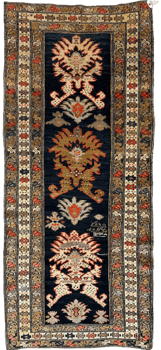 Antique Caucasian KarabakhSigned & Dated Wool on Wool Runner Rug 3 X 7 Rugistan