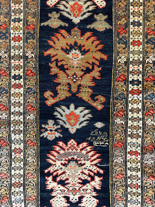 Antique Caucasian KarabakhSigned & Dated Wool on Wool Runner Rug 3 X 7 Rugistan