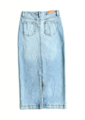 Light blue denim skirt on a white background