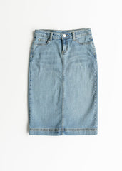 Light blue denim skirt on a white background