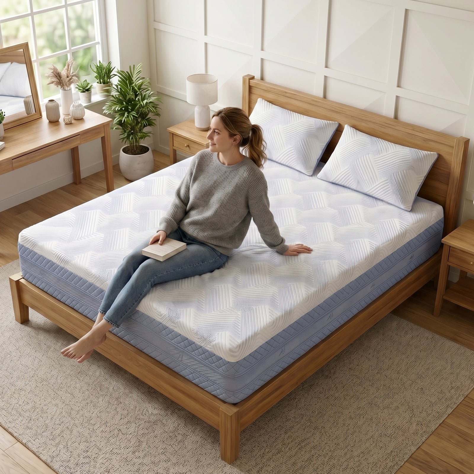 A woman sits on a wooden bed frame in a bright bedroom, holding a book while wearing a gray sweater and blue jeans. The bed has a white quilted mattress with a blue side border and two matching white pillows.