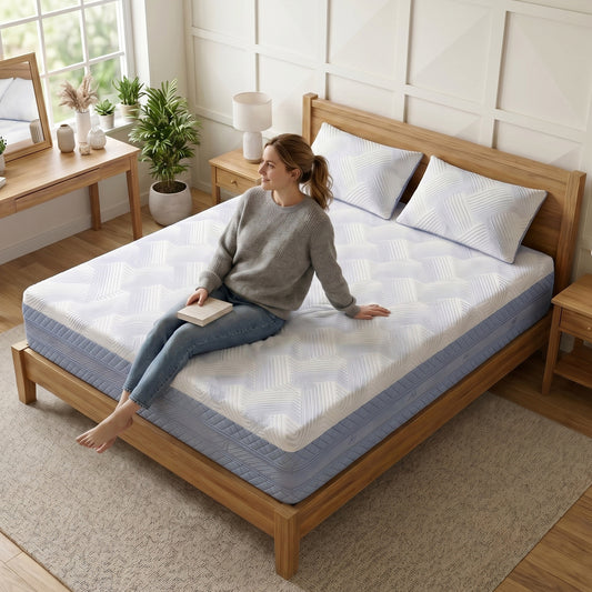 A woman sits on a wooden bed frame in a bright bedroom, holding a book while wearing a gray sweater and blue jeans. The bed has a white quilted mattress with a blue side border and two matching white pillows.