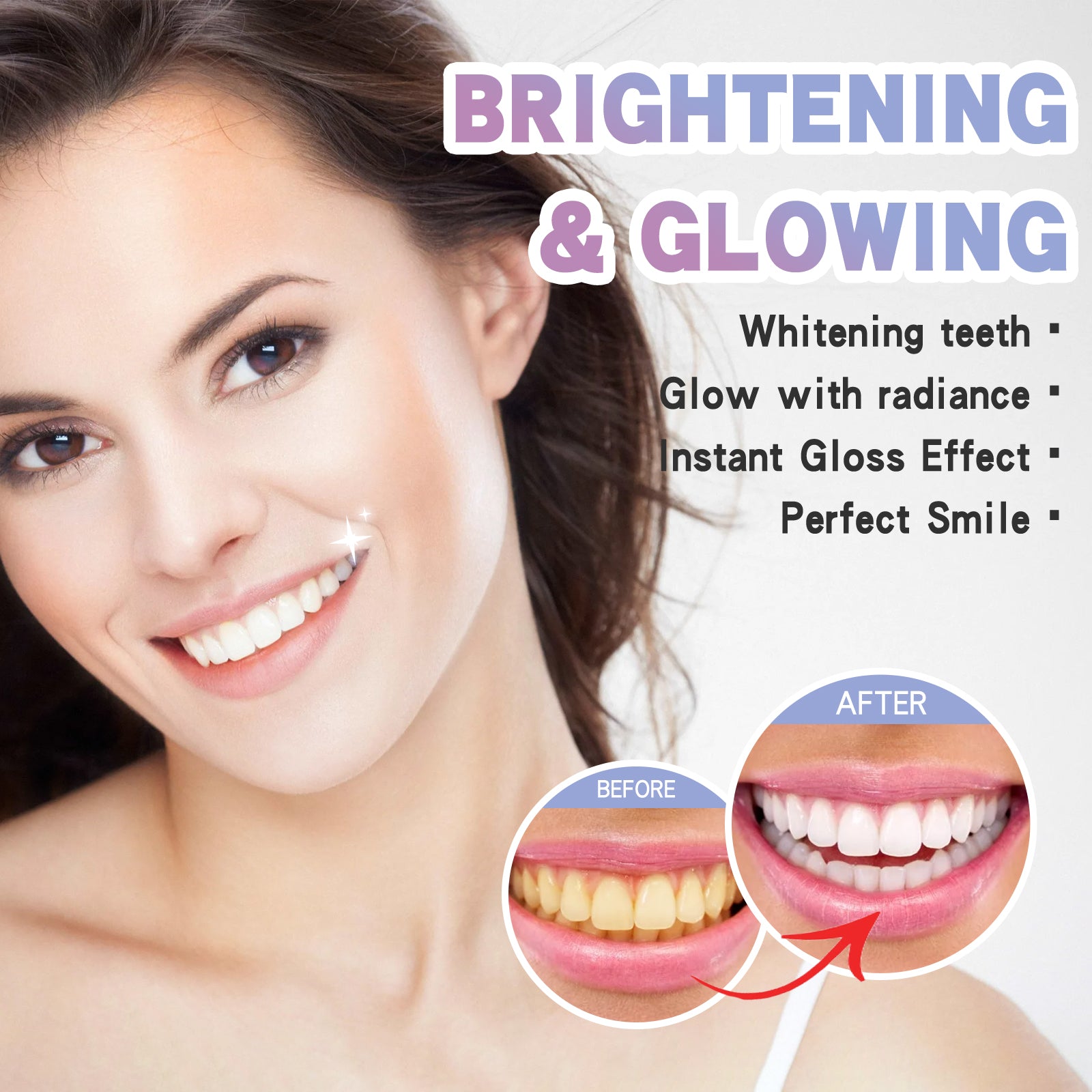 Woman with brightening and glowing effects on teeth, showing before and after comparison.