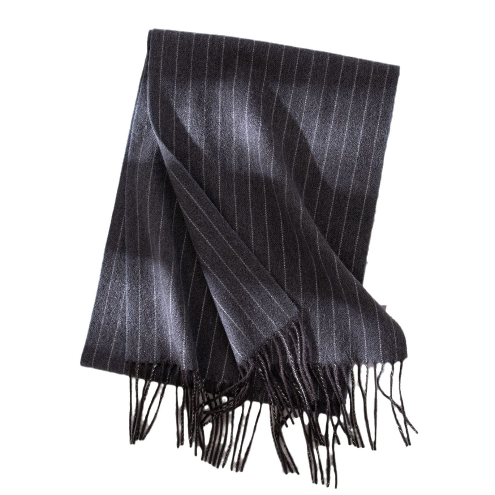 Black pinstripe scarf with fringe on a white background