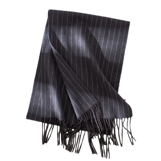Black pinstripe scarf with fringe on a white background