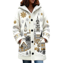 White cardigan with winter village design and gold snowflakes on a white background