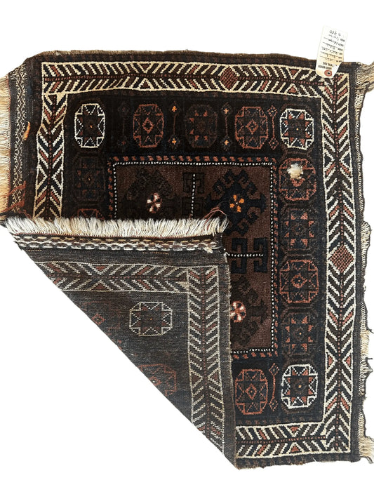 Distressed Hand Knotted Vintage Afghani Baluchi Wool Bag face 29” x 25” Rugistan