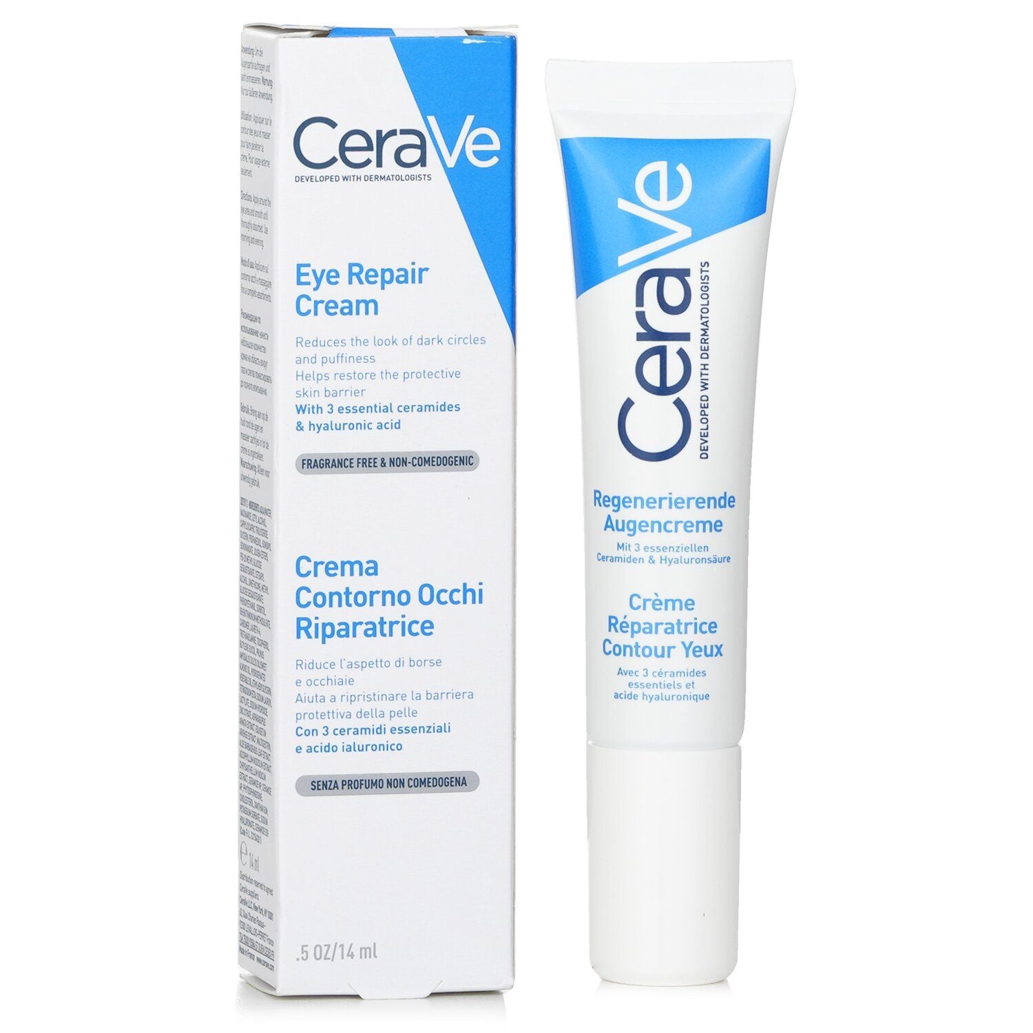 CeraVe Eye Repair Cream shown with its white and blue retail box and matching squeeze tube on a clean white background.