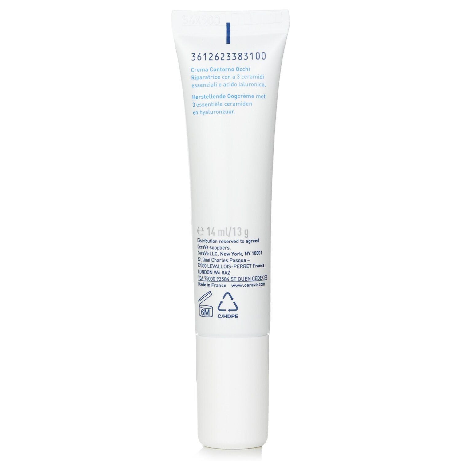 A 14 ml squeeze tube of CeraVe Hyaluptide Ceramide Ato Concentrate Moisturizer, shown from the back on a plain white background.