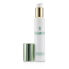 Valmont Valine Lifting Concentrate skincare bottle in white with a gold pump, shown next to its metallic green cap on a white background.