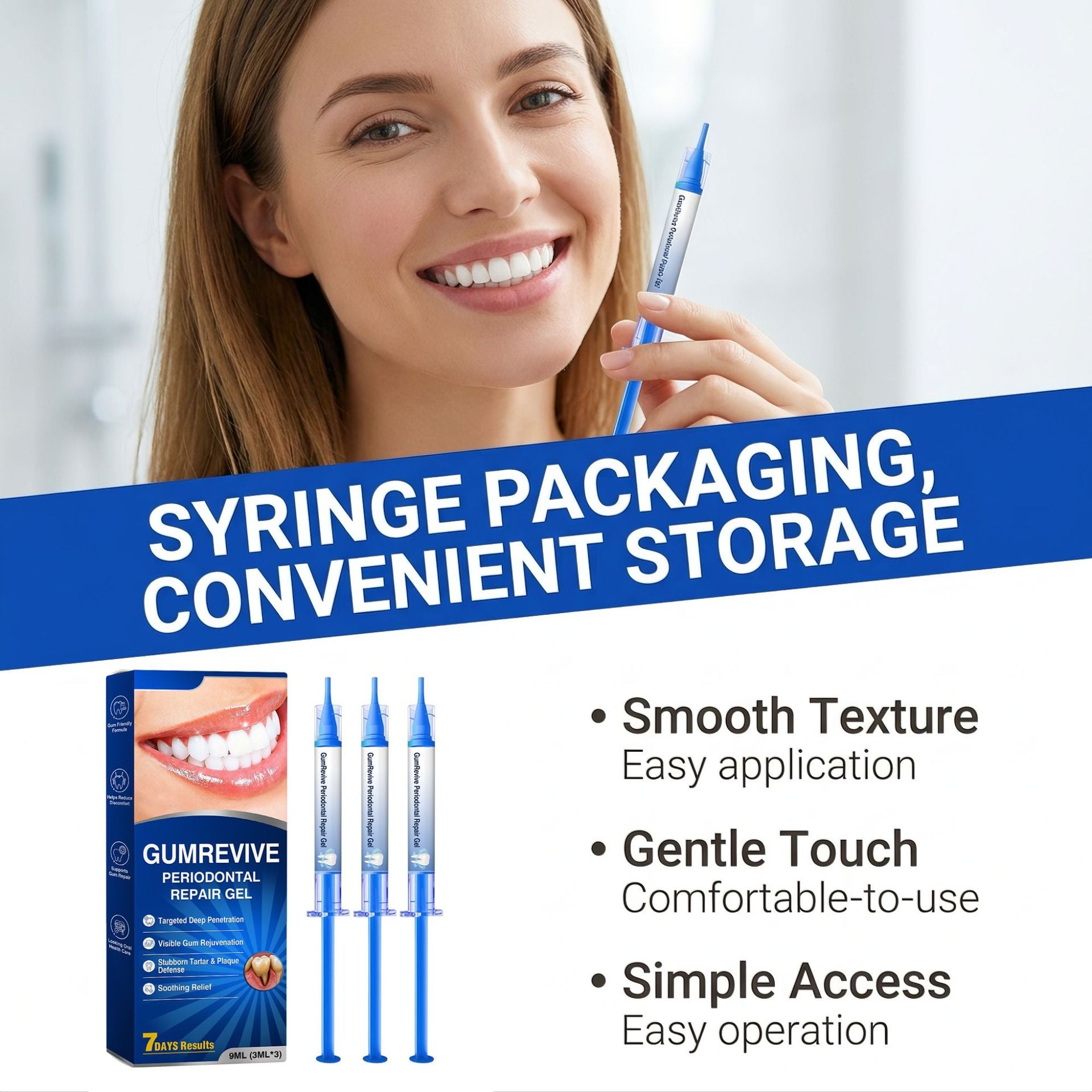 A promotional graphic for Gumrevive permanent repair gel showing a smiling woman holding a blue syringe applicator, a product box, three syringes, and marketing text about convenient storage and easy application.