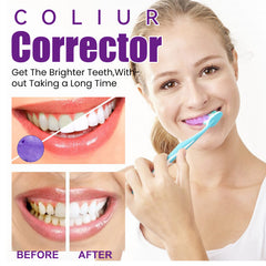 Advertisement for a teeth whitening product with a woman brushing her teeth and before-and-after results.