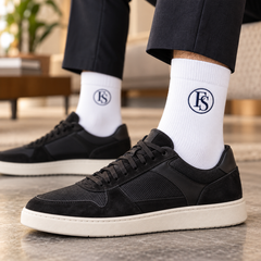 Family Shopolf embroidered FS logo cotton crew socks navy sneakers