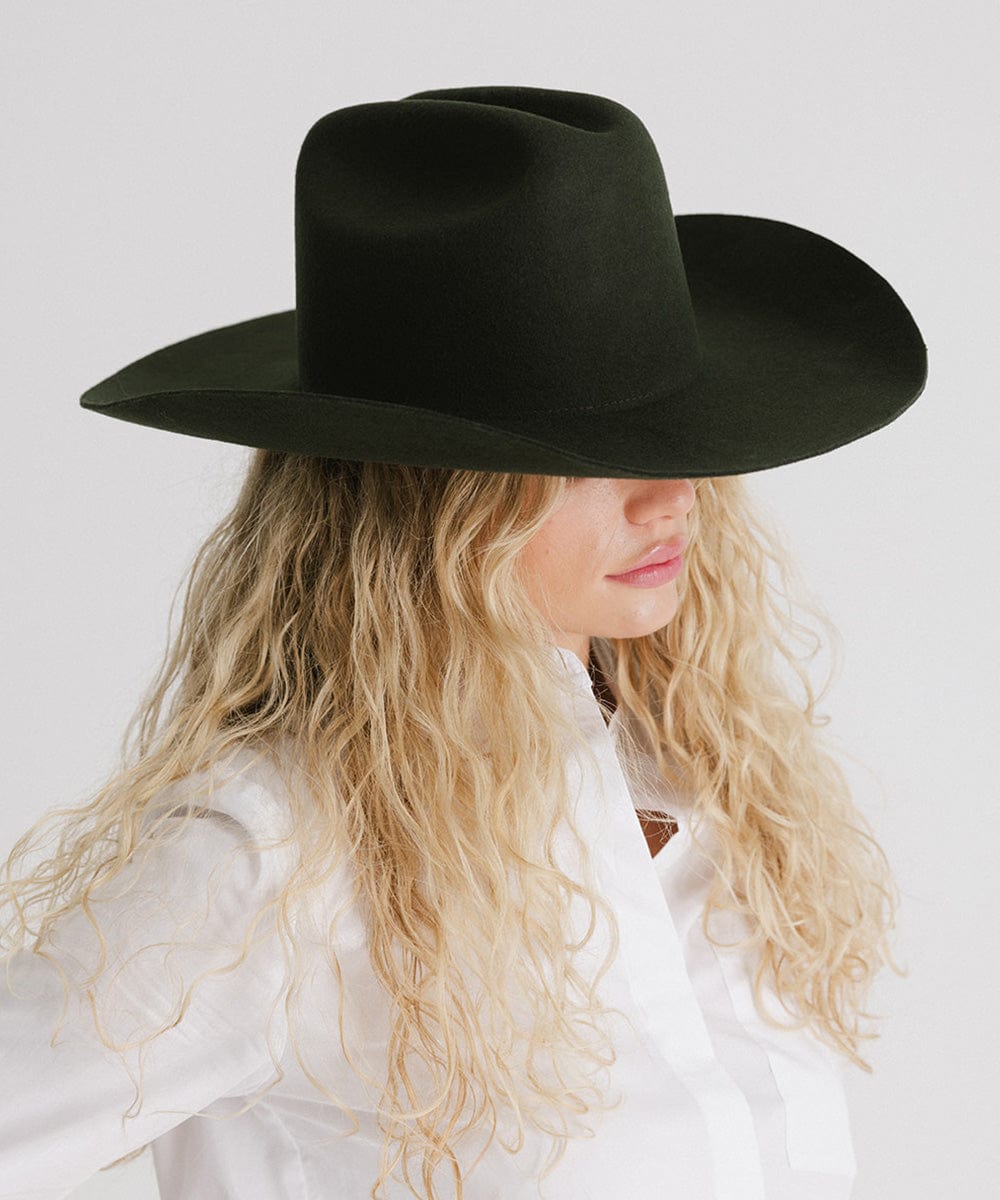 Person wearing a black cowboy hat with a plain background