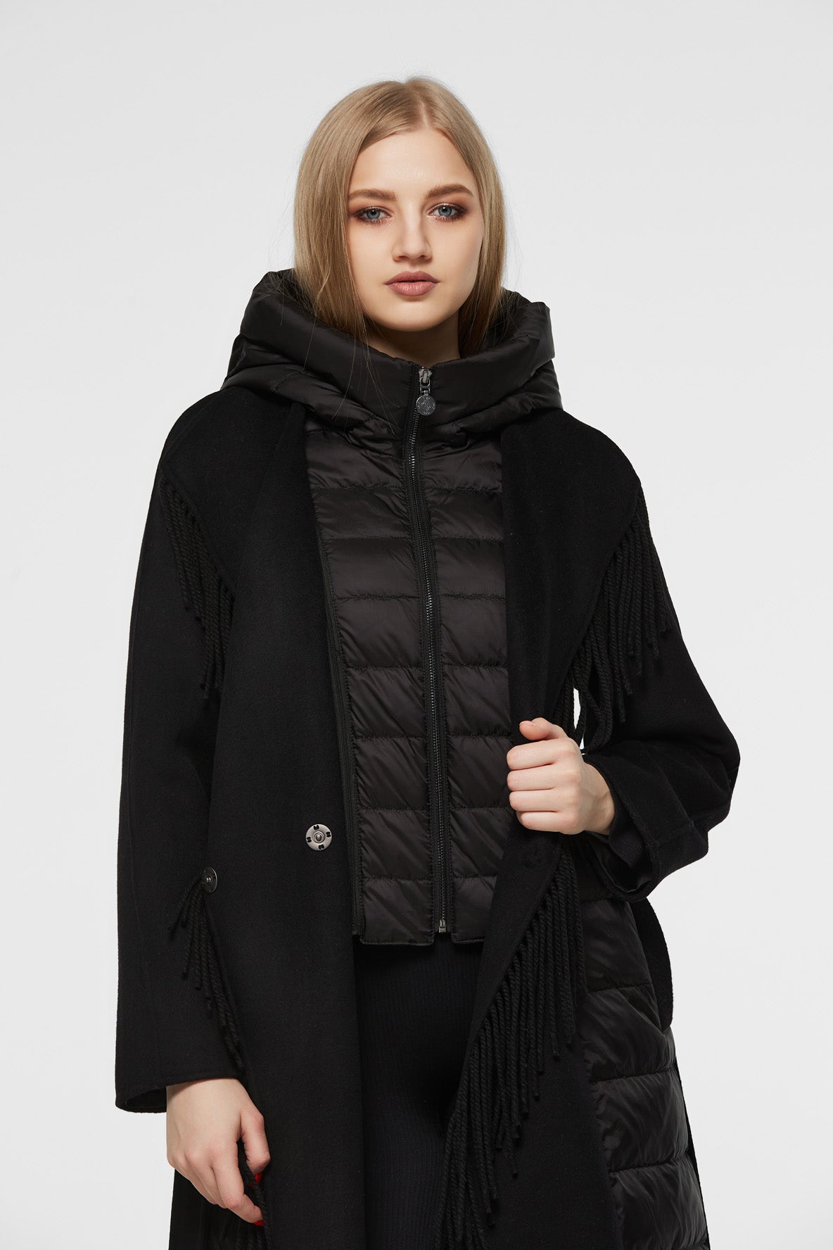 Kennedy Fringe Luxe Down Wool Blend Coat in Black Alaska® Outerwear Company