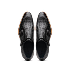 55-112-BLK LEGERRA Hand Burnished Crocodile Print Monkstrap Black