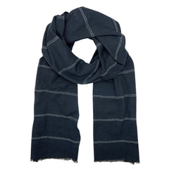 Navy blue scarf with white stripes on a white background