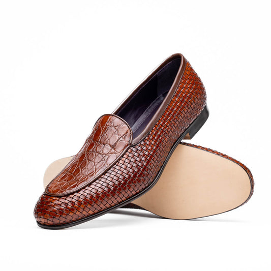 11-620-CGN PALIO Genuine Crocodile and Calfskin Basketweave Slip On, Cognac
